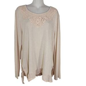 Karen Brooks Tunic Top Women Large Crochet Round Neck Long Sleeve Chiffon Hem